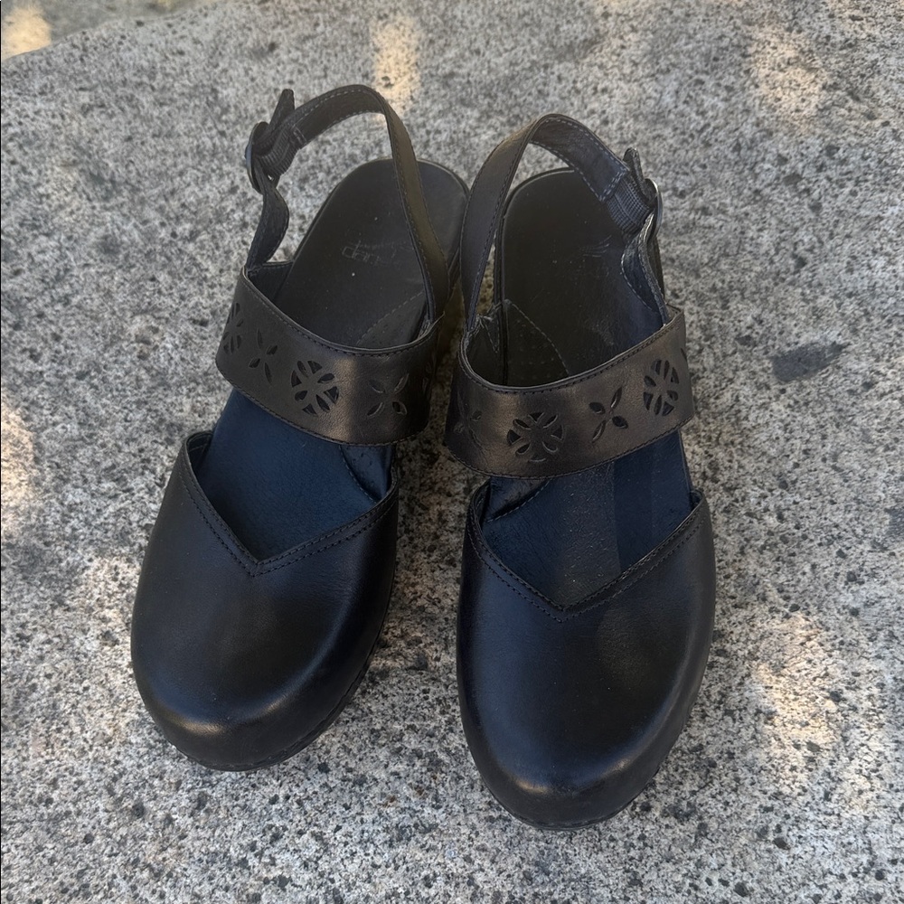 Dansko Black Leather Slingback Clogs with Floral Cutout Strap